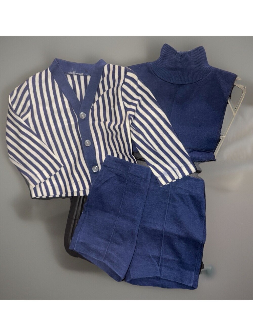 Vtg 1970s Toddler Boys 3 Pc Knit Leisure Navy White Striped Mock Turtleneck Sz 2